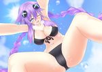  bikini black_bikini blue_eyes blush braid breasts cleavage day front-tie_top hair_ornament highres large_breasts long_hair looking_at_viewer neptune_(series) one_eye_closed purple_hair purple_heart solo swimsuit symbol-shaped_pupils taked twin_braids very_long_hair 