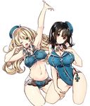  2girls ;d absurdres adapted_costume arm_up armpits ascot ass_visible_through_thighs atago_(kantai_collection) bangs bare_arms beret bikini black_eyes blonde_hair blush breasts brown_hair choker cleavage covered_nipples cowboy_shot cropped_legs eyebrows_visible_through_hair green_eyes hair_between_eyes hand_on_own_chest hand_up hat highres kantai_collection large_breasts long_hair looking_at_viewer multiple_girls navel one-piece_swimsuit one_eye_closed open_mouth outstretched_hand parted_lips sidelocks simple_background sleeveless smile stomach swimsuit takao_(kantai_collection) underboob white_background 