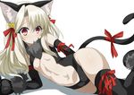  animal_ears arm_behind_back bell black_gloves black_legwear black_leotard blush brown_hair cat_ears cat_tail center_opening elbow_gloves fake_animal_ears fate/kaleid_liner_prisma_illya fate_(series) flat_chest gloves groin hair_ornament highres illyasviel_von_einzbern jingle_bell leotard long_hair lying navel on_side paw_gloves paw_shoes paws red_eyes ribbon shimejinameko shoes solo tail thighhighs 