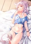  animal_ears artist_name final_fantasy final_fantasy_xiv hand_on_own_face lili_mdoki lying miqo'te navel no_bra on_back paladin_(final_fantasy) panties red_eyes side-tie_panties solo tail underwear white_hair 