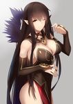  ;) bare_shoulders black_dress black_hair breasts bridal_gauntlets cleavage closed_mouth commentary_request cowboy_shot dress fate/apocrypha fate_(series) fur_trim large_breasts long_hair looking_at_viewer one_eye_closed pelvic_curtain pointy_ears saisarisu semiramis_(fate) sideboob sidelocks smile solo very_long_hair yellow_eyes 