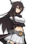 bad_id bad_pixiv_id black_hair black_jacket breasts brown_eyes closed_mouth collar cowboy_shot crossed_arms eyebrows_visible_through_hair garter_straps ghound hair_between_eyes headgear highres jacket kantai_collection large_breasts long_hair looking_at_viewer metal_belt midriff miniskirt nagato_(kantai_collection) pleated_skirt remodel_(kantai_collection) simple_background skirt smile solo thighhighs white_background white_skirt 