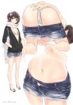  ama_mitsuki ass bare_legs barefoot blurry breasts brown_eyes brown_hair casual commentary contemporary covering covering_ass cutoffs dated denim denim_skirt from_behind full_body hair_between_eyes hair_ornament hands_in_pockets hood hooded_track_jacket jacket kantai_collection lips looking_at_viewer miniskirt multiple_views navel panties pantyshot parted_lips scarf sendai_(kantai_collection) short_hair shuriken shuriken_hair_ornament skirt skirt_pull sleeves_rolled_up small_breasts standing thighs track_jacket underwear unzipped wedge_heels white_panties white_scarf 