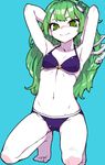  armpits arms_up barefoot bikini blue_background frog_hair_ornament green_eyes green_hair hair_ornament kneeling kochiya_sanae long_hair looking_at_viewer navel pale_skin purple_bikini simple_background smile snake_hair_ornament solo stomach swimsuit thupoppo touhou 