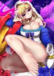  1girl bare_shoulders barefoot blonde_hair boots breasts cleavage feet large_breasts long_hair looking_at_viewer lucifer_(monster_strike) monster_strike pov purple_eyes shoes_removed toes veil 