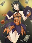  1girl :d bare_legs bare_shoulders black_hair breasts choker cleavage demon_girl dress female gloves grey_eyes horns kyoukai_no_rinne legs long_hair medium_breasts money neck open_mouth orange_dress orange_gloves orange_panties panties shima_renge shoes smile strapless strapless_dress 