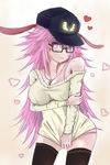  absurdres animal_ears benghuai_xueyuan black_hat black_legwear blush breasts bunny_ears cleavage closed_mouth eyebrows_visible_through_hair glasses hat heart highres jewelry large_breasts long_hair looking_at_viewer necklace pink_hair purple_eyes smile solo thighhighs yae_sakura_(benghuai_xueyuan) yu_ningning 