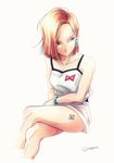  android_18 blonde_hair blue_eyes bracelet breasts collarbone cropped_legs crossed_legs dragon_ball dragon_ball_z earrings forehead invisible_chair jewelry looking_to_the_side medium_breasts miniskirt red_ribbon_army short_hair sitting skirt solo tama_azusa_hatsu tank_top tattoo white_skirt 