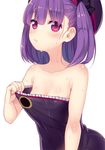  bare_shoulders blush breasts commentary_request dress_pull fate/grand_order fate_(series) hat helena_blavatsky_(fate/grand_order) looking_at_viewer minamura_haruki purple_eyes purple_hair short_hair simple_background small_breasts solo strapless sweat white_background 
