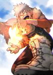  1boy 55level alternate_costume arm_on_knee arm_tattoo bakugou_katsuki black_legwear blonde_hair boku_no_hero_academia boots cape cloud commentary_request day detached_sleeves earrings evil_grin evil_smile foot_out_of_frame from_ground fur-trimmed_boots fur_trim grin highres jewelry knees light looking_at_viewer looking_down male_focus open_mouth outdoors pants red_eyes short_sleeves sky smile solo spiked_hair tattoo tongue upper_teeth v-shaped_eyebrows white_footwear 