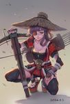  absurdres black_legwear bow_(weapon) breasts brown_eyes brown_hair character_request cleavage closed_mouth collarbone copyright_request crossbow dated eyepatch hat highres large_breasts looking_at_viewer luode_huayuan mole mole_under_eye solo squatting straw_hat thighhighs weapon 