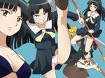  angry bare_shoulders bikini black_hair blue_background blue_eyes breasts cleavage clenched_teeth hair_ornament kyoukai_no_rinne long_hair open_mouth panties school_uniform scythe shima_renge skirt socks weapon 