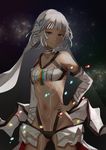  absurdres altera_(fate) atora bad_hands bare_shoulders commentary_request dark_skin detached_sleeves fate/extella fate/extra fate_(series) hand_on_hip highres jewelry looking_at_viewer midriff navel necklace red_eyes short_hair smile solo star starry_background tattoo veil white_hair 