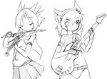  2girls animal_ears camel_(dansen) electric_guitar female instrument milia monochrome multiple_girls playing_instrument sachiho skirt violin 
