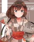  akizuki_(kantai_collection) alternate_costume brown_hair character_name chou-10cm-hou-chan collarbone fan grey_eyes hachimaki headband holding holding_fan itomugi-kun japanese_clothes kantai_collection kimono obi paper_fan ponytail sash short_hair smile solo uchiwa yukata 