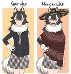  animal_ears argyle_neckwear argyle_skirt black_hair black_jacket blazer blue_eyes commentary cowboy_shot ears_through_headwear english fake_facial_hair fake_mustache fur_collar gloves grey_neckwear grey_skirt grey_wolf_(kemono_friends) hand_on_hip hat heterochromia jacket kemono_friends long_hair looking_at_viewer mefomefo mexican multicolored_hair necktie orange_background plaid plaid_neckwear plaid_skirt pleated_skirt poncho skirt smile solo sombrero streaked_hair tail unmoving_pattern white_gloves white_hair wolf_ears wolf_tail yellow_eyes 