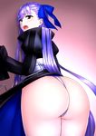  1girl against_wall akahige ass blue_eyes blush bow fate/grand_order fate_(series) from_behind hair_bow hair_ribbon huge_ass long_hair long_sleeves looking_at_viewer meltlilith open_mouth purple_hair ribbon shiny shiny_hair shiny_skin solo tears thong very_long_hair 