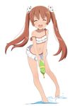  :d bikini bikini_skirt bow brown_hair closed_eyes coupon_(skyth) dark_skin eyebrows_visible_through_hair facing_viewer frilled_bikini frills hair_bow kantai_collection libeccio_(kantai_collection) long_hair open_mouth polka_dot polka_dot_bow simple_background smile solo splashing strap_slip swimsuit twintails upper_teeth water water_gun white_background white_bikini white_bow 