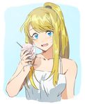  :d bare_shoulders blonde_hair blue_background blue_eyes cup drinking_glass earrings eyebrows_visible_through_hair food frame fullmetal_alchemist glass holding holding_cup ice_cream jewelry long_hair looking_at_viewer open_mouth ponytail riru shirt simple_background smile solo spoon sweatdrop two-tone_background white_background white_shirt winry_rockbell 