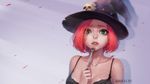  black_bra black_hat bra breasts cleavage collarbone dated fork green_eyes hat highres holding holding_fork large_breasts luode_huayuan original parted_lips pink_hair short_hair skull solo underwear upper_body witch_hat 