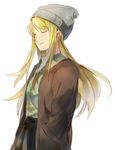  1girl blonde_hair coat earrings eyebrows_visible_through_hair eyes_closed fullmetal_alchemist green_shirt hand_in_pocket happy hat jewelry long_hair riru shirt simple_background skirt smile solo_focus white_background wind wind_lift winry_rockbell 