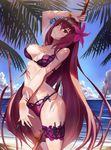  beach bikini blush breasts commentary_request day fate/grand_order fate_(series) flower gae_bolg hair_flower hair_ornament hibiscus kakumayu kunai long_hair looking_at_viewer md5_mismatch medium_breasts navel ocean outdoors purple_hair red_eyes revision sand scathach_(fate)_(all) scathach_(swimsuit_assassin)_(fate) solo standing swimsuit thigh_strap tree_shade water weapon 
