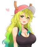  :d blush breasts cleavage dragon_girl dragon_horns eyebrows_visible_through_hair gradient_hair green_eyes green_hair hat heart heterochromia highres horns kobayashi-san_chi_no_maidragon large_breasts long_hair multicolored_hair open_mouth purple_eyes quetzalcoatl_(maidragon) simple_background smile solo sorimachi-doufu upper_body white_background yellow_pupils 