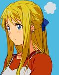  =3 annoyed blonde_hair blue_background blue_eyes blush earrings eyebrows_visible_through_hair frown fullmetal_alchemist grey_shirt jewelry long_hair looking_away lowres orange_shirt ribbon riru shirt solo winry_rockbell 