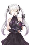  bare_shoulders black_gloves blush breasts closed_eyes collarbone destroyer_(girls_frontline) dinergate_(girls_frontline) elbow_gloves eyebrows_visible_through_hair facing_viewer girls_frontline gloves highres large_breasts long_hair lunacle open_mouth sangvis_ferri smile solo twintails upper_body white_hair 