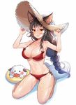  :3 absurdres ahri animal_ears bare_legs barefoot bikini braid breasts ears_through_headwear facial_mark fang_out hands_on_headwear hat highres innertube large_breasts league_of_legends long_hair looking_at_viewer multiple_tails navel poro_(league_of_legends) red_bikini shorarung side-tie_bikini single_braid sitting solo straw_hat sun_hat swimsuit tail very_long_hair wariza wet yellow_eyes 