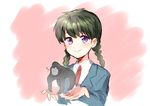  1girl black_hair blush braid gorilla kyoukai_no_rinne long_hair mamiya_sakura necktie purple_eyes school_uniform smile 