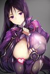  areola_slip areolae arm_guards bangs banned_artist blurry blush bodysuit breasts censored depth_of_field elbow_gloves fate/grand_order fate_(series) fingerless_gloves gloves grey_background hand_on_own_chest heart heart_censor huge_breasts long_hair looking_at_viewer looking_up minamoto_no_raikou_(fate/grand_order) parted_bangs purple_eyes purple_gloves purple_hair ribbed_sleeves rope simple_background smile solo tearing_clothes tetsubuta thighs torn_bodysuit torn_clothes turtleneck very_long_hair 