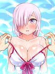  blush breasts cleavage commentary_request eyebrows_visible_through_hair fate/grand_order fate_(series) hair_over_one_eye large_breasts looking_at_viewer mabo-udon mash_kyrielight one-piece_swimsuit partially_submerged purple_eyes purple_hair short_hair solo swimsuit undressing water wet wet_clothes wet_hair 
