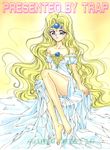  bangs bare_legs bare_shoulders barefoot blonde_hair blue_eyes circlet dress emeraude_(rayearth) full_body highres long_hair looking_at_viewer magic_knight_rayearth parted_bangs sitting smile solo strapless strapless_dress urano_mami white_dress yellow_background 