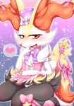  1girl animal_ears blush bow bow_panties braixen fang feet fox_ears fox_tail furry half-closed_eyes hand_to_own_mouth hand_up hat hat_bow heart kneeling lifted_by_self looking_at_viewer magical_girl negoya no_humans open_mouth panties paws pink_bow pink_panties pink_ribbon pink_skirt pokemon pokemon_(creature) pokemon_xy purple_bow ribbon sitting skirt skirt_lift smile solo spoken_heart star tail teeth top_hat white_bow 