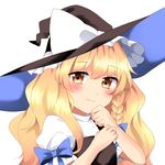  blonde_hair blush bow braid brown_eyes commentary hand_to_own_mouth hands_up hat kirisame_marisa long_hair lovestruck ribbon single_braid smile solo touhou vest wavy_hair witch_hat yururi_nano 