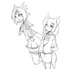  2girls alternate_costume animal_ears camel_(dansen) female hands_in_pockets milia monochrome multiple_girls open_mouth sachiho short_hair skirt tail 