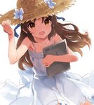  brown_eyes brown_hair commentary_request dress flower food fruit hair_ribbon hat hat_flower holding idolmaster idolmaster_cinderella_girls ipad long_hair looking_at_viewer open_mouth ribbon simple_background solo straw_hat sundress tablet tablet_pc tachibana_arisu tetsujin_momoko white_background 