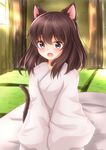  :o absurdres animal_ears blush brown_eyes brown_hair cat_ears cat_tail commentary futon hakurei_reimu highres juban long_hair looking_at_viewer open_mouth robe seiza sitting sleepwear sleeves_past_wrists solo tail tatami touhou unira v-shaped_eyebrows white_robe 