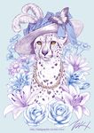  bug butterfly cheetah commentary flower hat hat_bow hat_feather insect jewelry looking_at_viewer necklace no_humans original signature sun_hat takigraphic tiger_lily watermark web_address yellow_eyes 