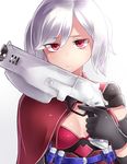  belt breasts bullet bustier cape cleavage commentary_request elbow_gloves gloves gun holding holding_gun holding_weapon looking_at_viewer medium_breasts neit_ni_sei original red_eyes silver_hair solo twintails upper_body weapon 