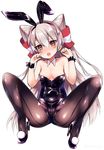  :o amatsukaze_(kantai_collection) animal_ears bare_shoulders black_footwear black_legwear blush breasts bunny_ears bunnysuit cameltoe cleavage detached_collar hairband high_heels kantai_collection long_hair nose_blush orange_eyes pantyhose sakurayume_kome shoes silver_hair simple_background sitting small_breasts solo spread_legs very_long_hair white_background wrist_cuffs 