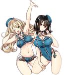  2girls ;d adapted_costume arm_up armpits ascot ass_visible_through_thighs atago_(kantai_collection) bangs bare_arms beret bikini black_eyes blonde_hair blush breasts brown_hair choker cleavage covered_nipples cowboy_shot cropped_legs eyebrows_visible_through_hair green_eyes hair_between_eyes hand_on_own_chest hand_up hat kantai_collection large_breasts long_hair looking_at_viewer multiple_girls navel one-piece_swimsuit one_eye_closed open_mouth outstretched_hand parted_lips sidelocks simple_background sleeveless smile stomach swimsuit takao_(kantai_collection) underboob white_background 