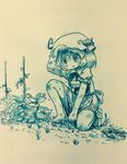 aki_minoriko arinu barefoot blush commentary dirty dirty_clothes dirty_face dirty_feet farmer farming food highres potato short_hair solo sweat touhou traditional_media weeds 