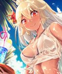  bikini blonde_hair breasts cup dark_skin drinking_glass drinking_straw flower granblue_fantasy hair_flower hair_ornament hato_haru highres holding holding_tray large_breasts multicolored_hair red_eyes see-through shirt smile solo swimsuit tray two-tone_hair wet wet_clothes wet_shirt wet_t-shirt white_bikini white_hair zooey_(granblue_fantasy) 