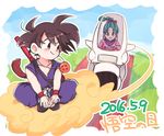  1girl 2016 black_eyes black_footwear black_hair blue_eyes blue_hair blush braid bulma character_name crossed_legs dougi dragon_ball dragon_ball_(classic) dragon_ball_(object) dress driving eyebrows_visible_through_hair flying flying_nimbus frame grass ground_vehicle happy ikake_(ikaika8) jewelry looking_at_another looking_back motor_vehicle motorcycle necklace number nyoibo pink_dress ribbon scarf shoes short_hair sitting sky smile son_gokuu spiked_hair tail text_focus translated wristband 
