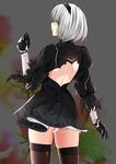  absurdres back_cutout bare_back black_dress black_hairband black_legwear blindfold blush commentary_request covered_eyes cowboy_shot dress feather-trimmed_sleeves from_behind hairband haruka_(pixiv) highres juliet_sleeves leotard long_sleeves mole mole_under_mouth nier_(series) nier_automata parted_lips profile puffy_sleeves short_hair silver_hair solo thighhighs white_leotard yorha_no._2_type_b 