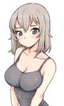  arms_at_sides blue_eyes blush breasts camisole cleavage girls_und_panzer hair_between_eyes itsumi_erika jorin large_breasts light_brown_hair looking_at_viewer medium_hair simple_background solo white_background 
