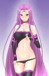  1girl absurdres bare_shoulders belt blush breasts choker cowboy_shot detached_sleeves fate/stay_night fate_(series) female large_breasts long_hair looking_at_viewer navel northman panties panty_pull purple_eyes purple_hair rider shirt_lift solo stomach thighhighs thighs waifu2x 