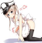  aikawa_ryou alternate_breast_size apron black_legwear blonde_hair blue_eyes blush bow commentary graf_zeppelin_(kantai_collection) hair_between_eyes hat heart highres kantai_collection long_hair naked_apron peaked_cap sidelocks simple_background smile solo thighhighs twintails white_background white_bow 